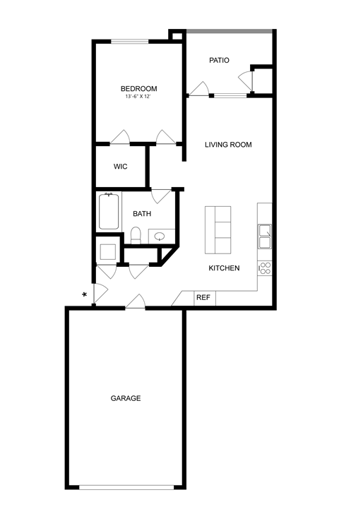 Floor plan for 1 bed, 1 bath, 780 sqft